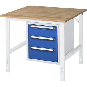 Werktafel met ladekast, onderbouw-ladeblok met 3 laden 2 x 150, 1 x 180 mm, b x d = 1000 x 1000 mm, blad van massief beukenhout, dikte 25 mm
