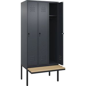 C+P Kledingkast Classic PLUS met zitbank, 3 compartimenten, grijs, b = 900 mm, veiligheidsdraaigrendel, vrijdragend, beuken-hardhout