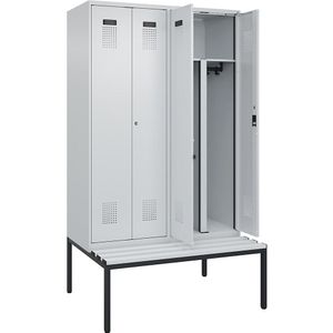Multifunctionele lockerkast Evolo PLUS met zitbank, 4 compartimenten, scheidingswand ingekort, lichtgrijs / lichtgrijs, b = 1200 mm, cilinderslot, met ondergebouwde zitbank, kunststof