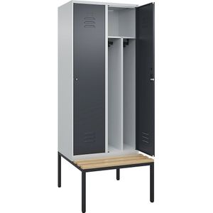 C+P Multifunctionele lockerkast Classic PLUS met zitbank, smal, 2 compartimenten, scheidingswand ingekort, lichtgrijs / grijs, b = 800 mm, cilinderslot, ondergebouwd, beuken-hardhout