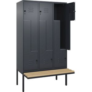 C+P Z-kledingkast Classic PLUS met zitbank, 3 compartimenten, grijs, b = 1200 mm, veiligheidsdraaigrendel, vrijdragend, beuken-hardhout