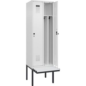 Multifunctionele lockerkast Evolo PLUS met zitbank, smal, 2 compartimenten, scheidingswand ingekort, wit, b = 600 mm, veiligheidsdraaigrendel, met uitstekende zitbank, kunststof