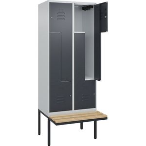 C+P Z-kledingkast Classic PLUS met zitbank, 2 compartimenten, lichtgrijs / grijs, b = 800 mm, cilinderslot, vrijdragend, beuken-hardhout