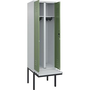 C+P Multifunctionele kledingkast Classic PLUS met zitbank, 1 compartiment, lichtgrijs / resedagroen, b = 600 mm, cilinderslot, vrijdragend, kunststof