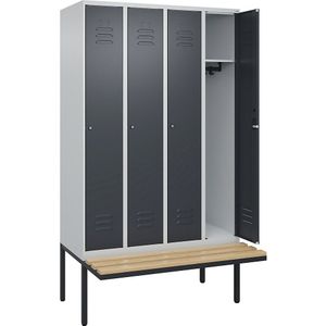C+P Kledingkast Classic PLUS met zitbank, 4 compartimenten, lichtgrijs / grijs, b = 1200 mm, cilinderslot, vrijdragend, beuken-hardhout