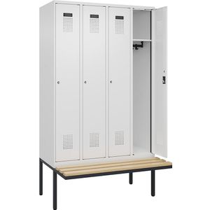 Lockerkast Evolo PLUS met zitbank, 4 compartimenten, wit, b = 1200 mm, cilinderslot, met uitstekende zitbank, beukenhout