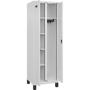 Schoonmaakkast Evolo PLUS, 1 compartiment, scheidingswand in het midden, wit, b = 600 mm, met brede voeten, cilinderslot