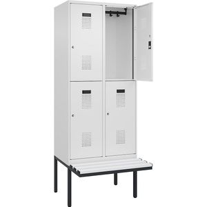 Lockerkast Evolo PLUS met twee verdiepingen en zitbank, 2 compartimenten, wit, b = 800 mm, cilinderslot, met uitstekende zitbank, kunststof