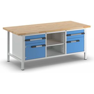 eurokraft pro Werkbank, stellingbouw serie 8000, 2 laden van 180 mm, 2 deuren van 360 mm, 1 plank, 1 legbord, b x d = 2000 x 900 mm