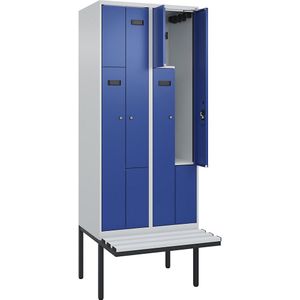 Z-lockerkast Evolo PLUS met zitbank, 2 compartimenten, lichtgrijs / gentiaanblauw, b = 800 mm, cilinderslot, met uitstekende zitbank, kunststof