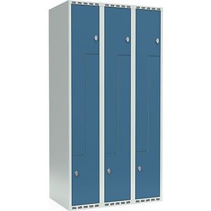 Z-lockerkast Fydor, 3 compartimenten, lichtgrijs / briljantblauw, b = 900 mm, 3 compartimenten, platte bovenkant, hangslot