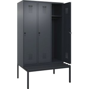 Lockerkast Evolo PLUS met zitbank, 3 compartimenten, grijs, b = 1200 mm, veiligheidsdraaigrendel, met ondergebouwde zitbank, kunststof