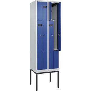 Z-lockerkast Evolo PLUS, 2 compartimenten, lichtgrijs / gentiaanblauw, b = 600 mm, 4 vakken, met smalle voeten, cilinderslot