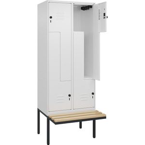 C+P Z-kledingkast Classic PLUS met zitbank, 2 compartimenten, verkeerswit, b = 800 mm, veiligheidsdraaigrendel, vrijdragend, beuken-hardhout