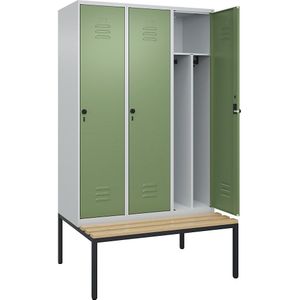 C+P Multifunctionele lockerkast Classic PLUS met zitbank, smal, 3 compartimenten, scheidingswand ingekort, lichtgrijs / resedagroen, b = 1200 mm, veiligheidsdraaigrendel, ondergebouwd, beuken-hardhout