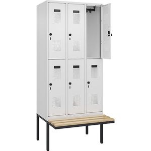 Lockerkast Evolo PLUS met twee verdiepingen en zitbank, 3 compartimenten, wit, b = 900 mm, veiligheidsdraaigrendel, met uitstekende zitbank, beukenhout
