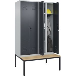C+P Multifunctionele kledingkast Classic PLUS met zitbank, 2 compartimenten, lichtgrijs / grijs, b = 1200 mm, veiligheidsdraaigrendel, ondergebouwd, beuken-hardhout
