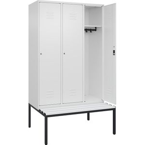 C+P Kledingkast Classic PLUS met zitbank, 3 compartimenten, verkeerswit, b = 1200 mm, cilinderslot, ondergebouwd, kunststof