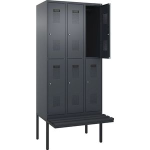 Lockerkast Evolo PLUS met twee verdiepingen en zitbank, 3 compartimenten, grijs, b = 900 mm, cilinderslot, met uitstekende zitbank, kunststof