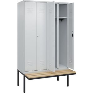 C+P Multifunctionele kledingkast Classic PLUS met zitbank, 2 compartimenten, lichtgrijs, b = 1200 mm, cilinderslot, vrijdragend, beuken-hardhout