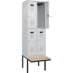 Lockerkast Evolo PLUS met twee verdiepingen en zitbank, 2 compartimenten, lichtgrijs / lichtgrijs, b = 600 mm, cilinderslot, met uitstekende zitbank, beukenhout