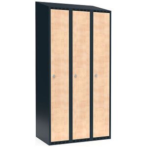 Lockerkast Fydor, 3 compartimenten, grijs / berkenhout, b = 900 mm, 3 compartimenten, schuine bovenkant, hangslot