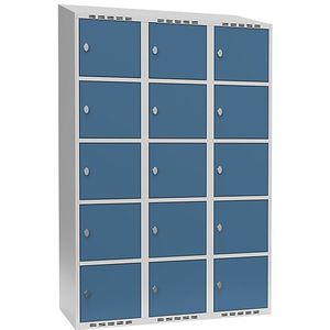 Vijfvoudige locker Fydor, 3 compartimenten, lichtgrijs / briljantblauw, b = 1200 mm, 3 compartimenten, schuine bovenkant, hangslot