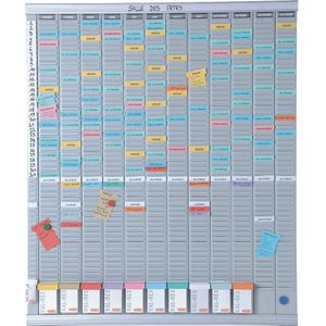 T-kaartplanbord, jaarplanner, 12 modules met elk 54 sleuven, met 1000 T-kaarten in 10 kleuren