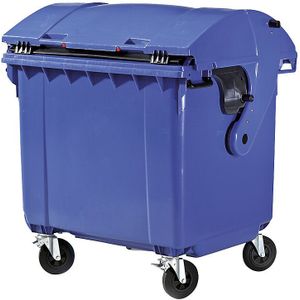 Afvalcontainer van kunststof, DIN EN 840, Inhoud 1100 l, h x b x d = 1360 x 1465 x 1100 mm, schuifdeksel, beveiliging voor kinderen, blauw