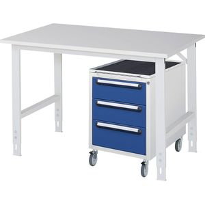 Werktafel met ladekast, rolcontainer met 3 laden 2 x 150, 1 x 180 mm, b x d = 1250 x 800 mm, melamineplaat, dikte 22 mm