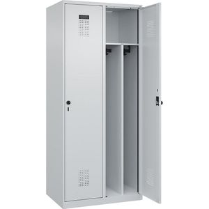 Multifunctionele lockerkast Evolo PLUS, smal, 2 compartimenten, scheidingswand ingekort, lichtgrijs, b = 800 mm, met voetdoppen, veiligheidsdraaigrendel