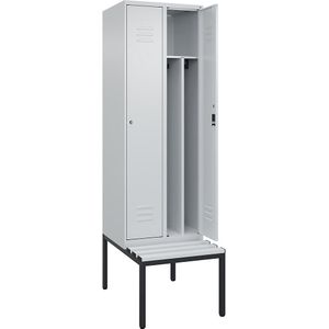 C+P Multifunctionele lockerkast Classic PLUS met zitbank, smal, 2 compartimenten, scheidingswand ingekort, lichtgrijs, b = 600 mm, cilinderslot, ondergebouwd, kunststof