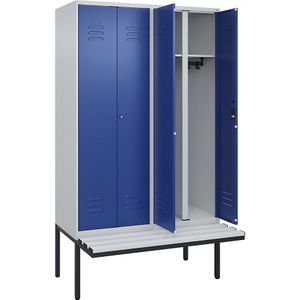 C+P Multifunctionele kledingkast Classic PLUS met zitbank, 2 compartimenten, lichtgrijs / gentiaanblauw, b = 1200 mm, cilinderslot, vrijdragend, kunststof