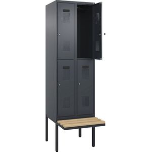 Lockerkast Evolo PLUS met twee verdiepingen en zitbank, 2 compartimenten, grijs, b = 600 mm, cilinderslot, met uitstekende zitbank, beukenhout