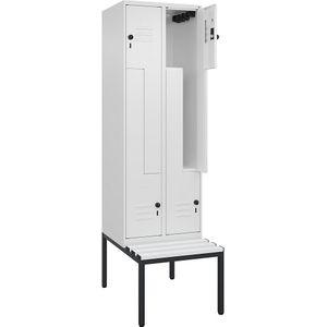C+P Z-kledingkast Classic PLUS met zitbank, 2 compartimenten, verkeerswit, b = 600 mm, veiligheidsdraaigrendel, ondergebouwd, kunststof