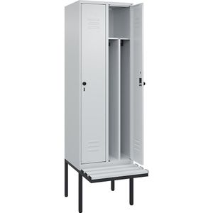 C+P Multifunctionele lockerkast Classic PLUS met zitbank, smal, 2 compartimenten, scheidingswand ingekort, lichtgrijs, b = 600 mm, veiligheidsdraaigrendel, vrijdragend, kunststof