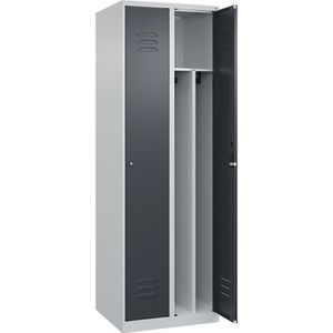 C+P Multifunctionele lockerkast Classic PLUS, smal, 2 compartimenten, scheidingswand ingekort, lichtgrijs / grijs, b = 600 mm, met voetdoppen, cilinderslot, scheidingswanden in het midden
