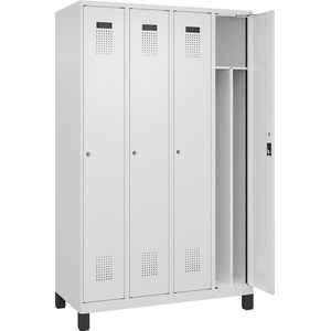 Multifunctionele lockerkast Evolo PLUS, smal, 4 compartimenten, scheidingswand ingekort, wit, b = 1200 mm, met brede voeten, cilinderslot