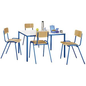 eurokraft basic Universele zitgroep, 1 tafel, 4 stoelen, tafelblad lichtgrijs, frame gentiaanblauw
