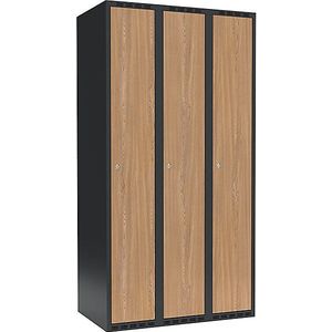 Lockerkast Fydor, 3 compartimenten, grijs / eikenhout, b = 900 mm, 3 compartimenten, platte bovenkant, cilinderslot