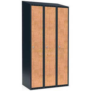 Lockerkast Fydor, 3 compartimenten, grijs / eikenhout, b = 900 mm, 3 compartimenten, schuine bovenkant, hangslot
