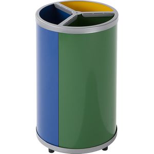 VAR Afvalbak voor kringloopmateriaal, rond, inhoud 3 x 30 l, h x Ø = 720 x 420 mm, geel, blauw, groen