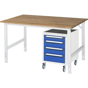 Werktafel met ladekast, rolcontainer met 4 laden 1 x 90, 2 x 120, 1 x 140 mm, b x d = 1500 x 1000 mm, blad van massief beukenhout, dikte 25 mm