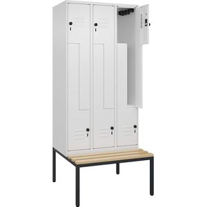 C+P Z-kledingkast Classic PLUS met zitbank, 3 compartimenten, verkeerswit, b = 900 mm, veiligheidsdraaigrendel, ondergebouwd, beuken-hardhout