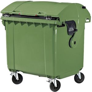 Afvalcontainer van kunststof, DIN EN 840, Inhoud 1100 l, h x b x d = 1360 x 1465 x 1100 mm, schuifdeksel, beveiliging voor kinderen, groen, vanaf 5 stuks