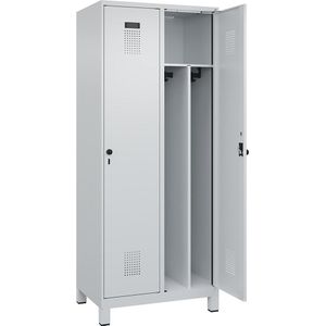 Multifunctionele lockerkast Evolo PLUS, smal, 2 compartimenten, scheidingswand ingekort, lichtgrijs, b = 800 mm, met brede voeten, veiligheidsdraaigrendel