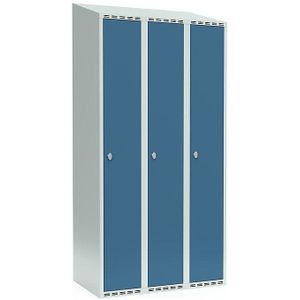 Lockerkast Fydor, 3 compartimenten, lichtgrijs / briljantblauw, b = 900 mm, 3 compartimenten, schuine bovenkant, hangslot