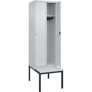 C+P Kledingkast Classic PLUS met zitbank, 2 compartimenten, lichtgrijs, b = 600 mm, cilinderslot, ondergebouwd, kunststof