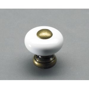 Möbelknopf, Ø 26 x 25 mm, Keramik, Zinkdruckguss, vermessingt, brüniert, weiß