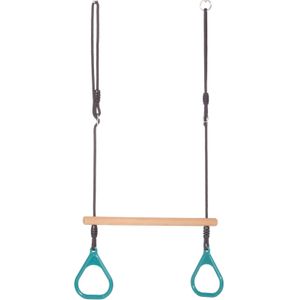 Houten Ringtrapeze met Kunststof Ringen Turquoise - Zwart Gevlochten Touw